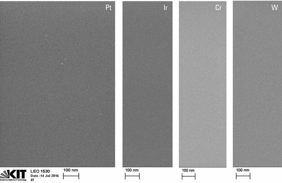 2 nm thick fine-grained sputter coatings of different materials deposited onto SiOx substate, 200k× magnification.