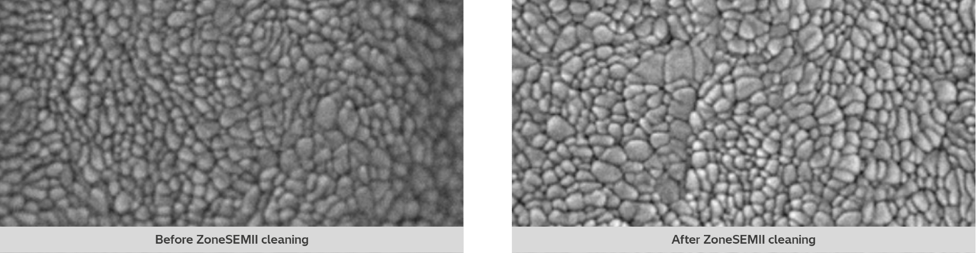 ITO thin film on glass printed circuit board before and after ZoneSEM II cleaning.