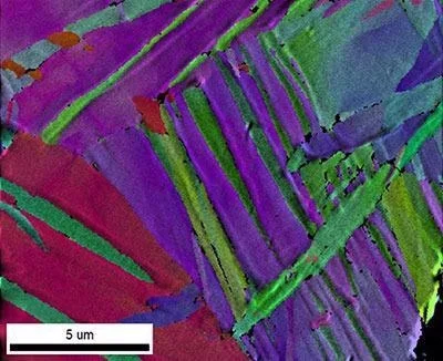 EBSD Image Quality and IPF orientation map from cryo-forged nanotwinned titanium collected at 7 kV and 200 pA beam dose for improved spatial resolution.