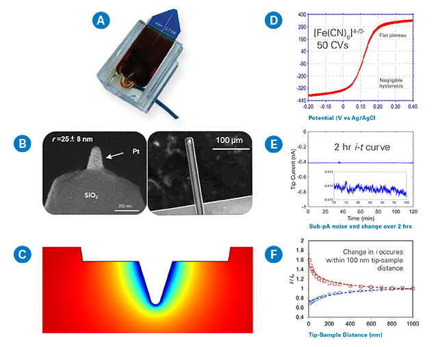 (A) Bruker’s exclusive premounted PeakForce SECM probes offer easy and safe handling, as well as extremely stable performance over hours of imaging and multiple cleaning cycles. (B) SEM images of the probe; (C) COMSOL simulation of 10 mM [Ru(NH3)6]3+ profile; (D) 1st, 25th, and 50th CVs selected from 50 continuous scans at a scan rate of 20 mV/s; (E) 2-hour amperometric test at -0.1 V versus AgQRE, inset magnification from 70 to 120 min.; and (F) simulated (dashed lines) and experimental (solid lines) approaching curves. C and E.