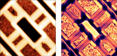 Topography (left) and imaginary part of the complex S11 parameter representing local capacitance (right).