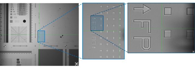 Field of view and resolution for InSight 300’s integrated optics, illustrated on a MetroBoost FP100 reference structure.