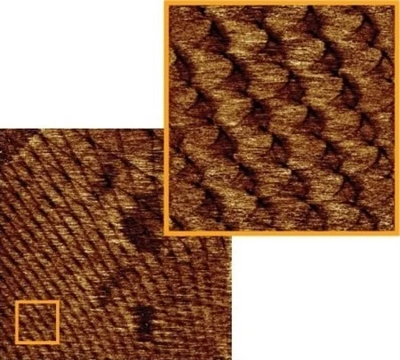 High-resolution topography images of a van der Waals heterostructure showing a moiré superlattice. Images collected in torsional resonance dynamic force microscopy (TR-DFM) with a FESPA probe. Scan sizes 1x1 µm and 200x200 nm (orange box).