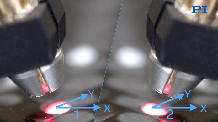 Dividing a task like waveguide I/O coupling into sub-tasks like “1” and “2” shown will illuminate opportunities for parallel execution. Here, the two processes can proceed in parallel even though they interact, especially in the case of short waveguides where inputs and outputs steer each other. Similarly, processes related geometrically (such as a transverse and Z optimization in situations such as shown, with an angled beam) can be performed in parallel